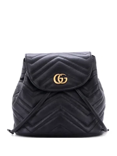 Pre-owned Gucci Gg Marmont Drawstring Matelasse Leather Mini Backpack In Black
