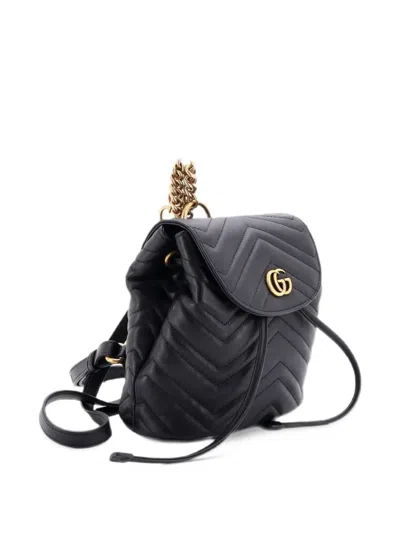 Pre-owned Gucci Gg Marmont Drawstring Matelasse Leather Mini Backpack In Black