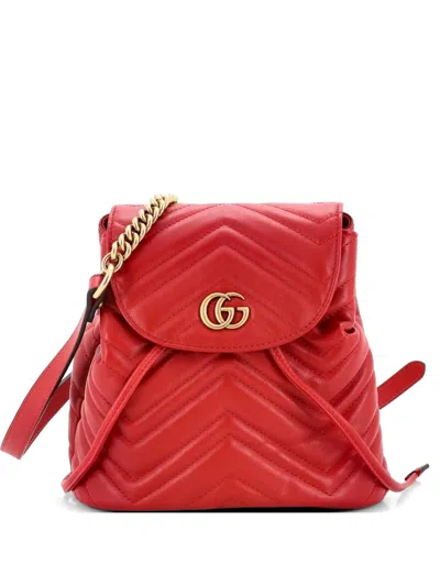 Pre-owned Gucci Gg Marmont Drawstring Matelasse Leather Mini Backpack In Red