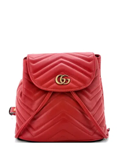 Pre-owned Gucci Gg Marmont Drawstring Matelasse Leather Mini Backpack In Red