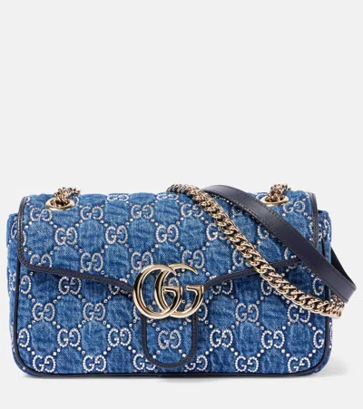 Gucci Gg Marmont Embellished Denim Shoulder Bag In Blue
