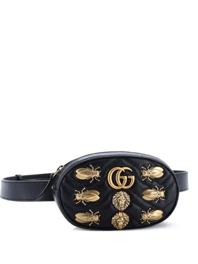 Pre-owned Gucci Gg Marmont Embellished Matelasse Leather Belt Bag In Black