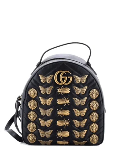 Pre-owned Gucci Gg Marmont Embellished Matelasse Leather Small Backpack In Black
