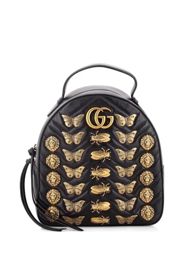 Pre-owned Gucci Gg Marmont Embellished Matelasse Leather Small Backpack In Black