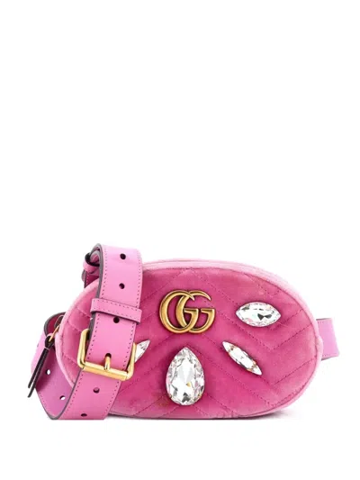 Pre-owned Gucci Gg Marmont Embellished Matelasse Velvet Belt Bag In Pink