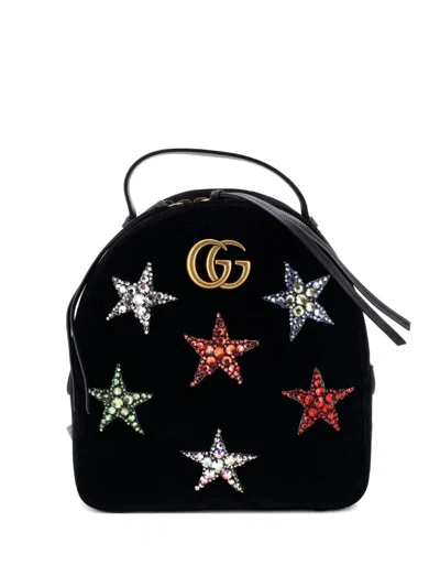 Pre-owned Gucci Gg Marmont Embellished Matelasse Velvet Small Backpack In Black