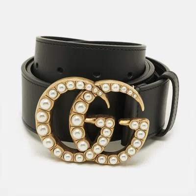 Pre-owned Gucci Gg Marmont Faux Pearl 85 Cm Buckle Belt Black Leather