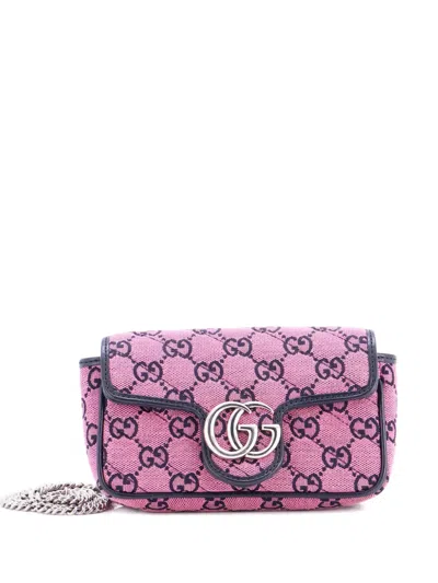 Pre-owned Gucci Gg Marmont Flap Bag Diagonal Quilted Gg Canvas Super Mini Crossbody Bag In Pink