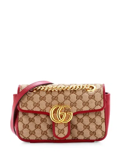 Pre-owned Gucci Gg Marmont Flap Bag Diagonal Quilted Gg Canvas With Leather Mini Crossbody Bag In Red