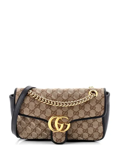 Pre-owned Gucci Gg Marmont Flap Bag Diagonal Quilted Gg Canvas With Leather Small Shoulder Bag In Black