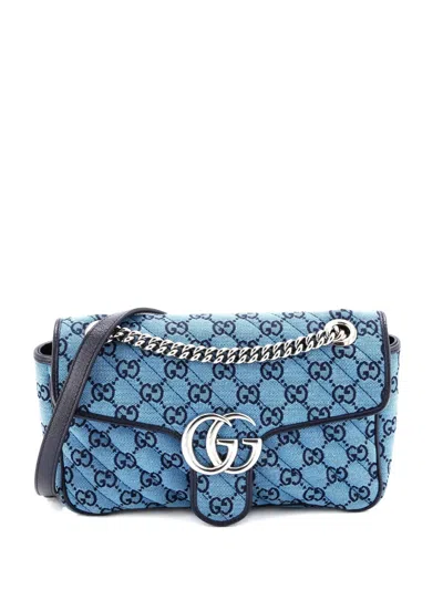 Pre-owned Gucci Gg Marmont Flap Bag Diagonal Quilted Gg Canvas With Leather Small Shoulder Bag In Blue