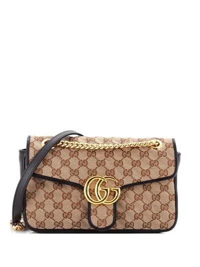 Pre-owned Gucci Gg Marmont Flap Bag Diagonal Quilted Gg Canvas With Leather Small Shoulder Bag In Brown