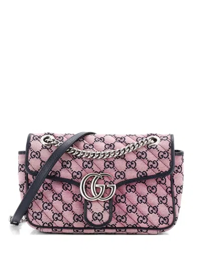 Pre-owned Gucci Gg Marmont Flap Bag Diagonal Quilted Gg Canvas With Leather Small Shoulder Bag In Pink