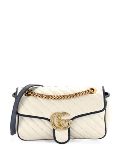 Pre-owned Gucci Gg Marmont Flap Bag Diagonal Quilted Leather Small Crossbody Bag In Blue