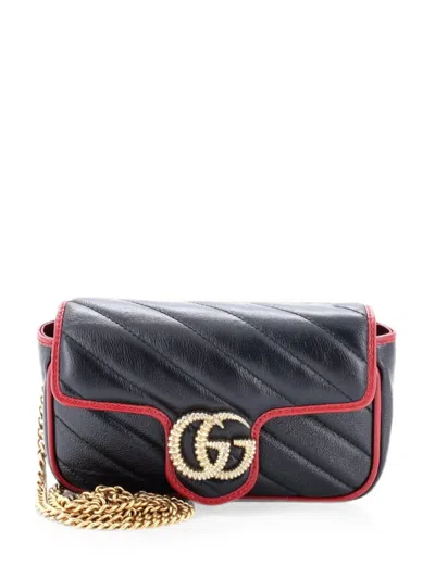 Pre-owned Gucci Gg Marmont Flap Bag Diagonal Quilted Leather Super Mini Crossbody Bag In Black