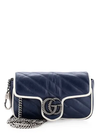 Pre-owned Gucci Gg Marmont Flap Bag Diagonal Quilted Leather Super Mini Crossbody Bag In Blue