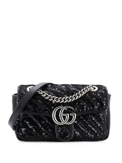 Pre-owned Gucci Gg Marmont Flap Bag Diagonal Quilted Sequins Mini Shoulder Bag In Black