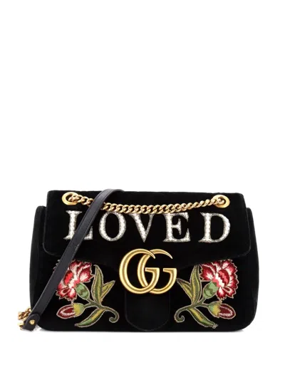Pre-owned Gucci Gg Marmont Flap Bag Embroidered Matelasse Velvet Medium Shoulder Bag In Black