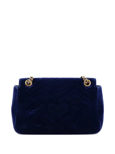 Pre-owned Gucci Gg Marmont Flap Bag Embroidered Matelasse Velvet Medium Shoulder Bag In Blue