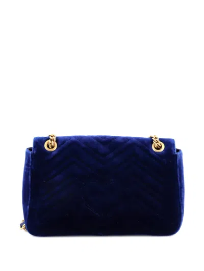 Pre-owned Gucci Gg Marmont Flap Bag Embroidered Matelasse Velvet Medium Shoulder Bag In Blue