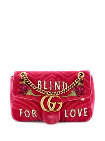 Pre-owned Gucci Gg Marmont Flap Bag Embroidered Matelasse Velvet Medium Shoulder Bag In Pink