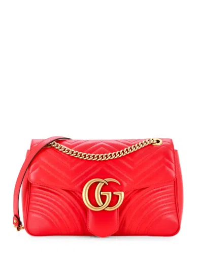 Pre-owned Gucci Gg Marmont Flap Bag Matelasse Leather Large Shoulder Bag In Red
