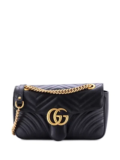 Pre-owned Gucci Gg Marmont Flap Bag Matelasse Leather Medium Shoulder Bag In Black