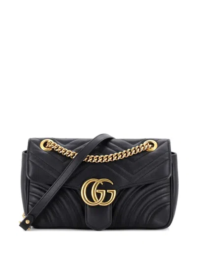 Pre-owned Gucci Gg Marmont Flap Bag Matelasse Leather Medium Shoulder Bag In Black