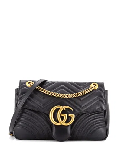 Pre-owned Gucci Gg Marmont Flap Bag Matelasse Leather Medium Shoulder Bag In Black