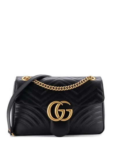 Pre-owned Gucci Gg Marmont Flap Bag Matelasse Leather Medium Shoulder Bag In Black