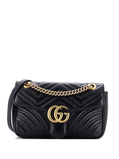 Pre-owned Gucci Gg Marmont Flap Bag Matelasse Leather Medium Shoulder Bag In Black