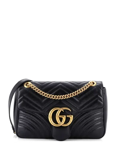 Pre-owned Gucci Gg Marmont Flap Bag Matelasse Leather Medium Shoulder Bag In Black