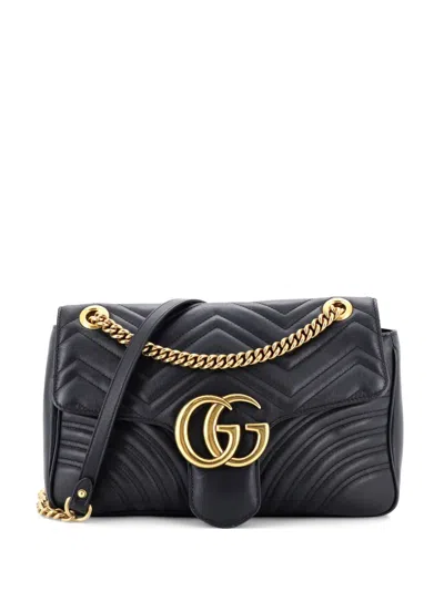 Pre-owned Gucci Gg Marmont Flap Bag Matelasse Leather Medium Shoulder Bag In Black