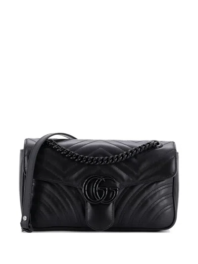 Pre-owned Gucci Gg Marmont Flap Bag Matelasse Leather Medium Shoulder Bag In Black