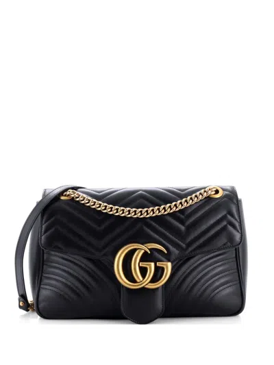 Pre-owned Gucci Gg Marmont Flap Bag Matelasse Leather Medium Shoulder Bag In Black
