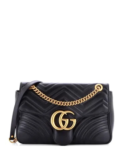 Pre-owned Gucci Gg Marmont Flap Bag Matelasse Leather Medium Shoulder Bag In Black