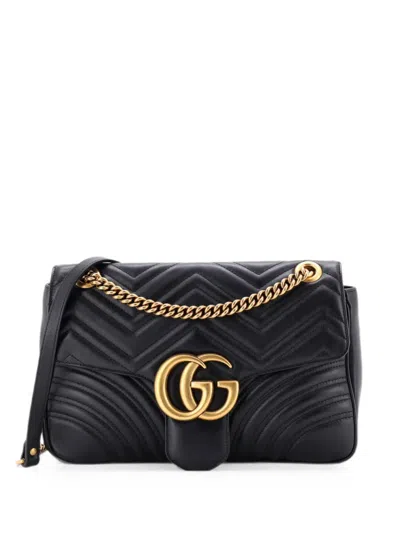 Pre-owned Gucci Gg Marmont Flap Bag Matelasse Leather Medium Shoulder Bag In Black