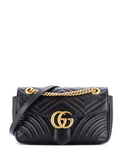 Pre-owned Gucci Gg Marmont Flap Bag Matelasse Leather Medium Shoulder Bag In Black