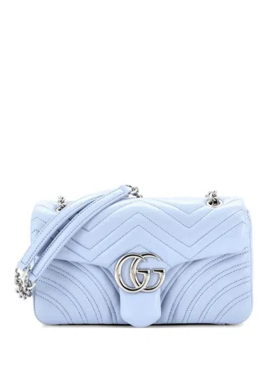 Pre-owned Gucci Gg Marmont Flap Bag Matelasse Leather Medium Shoulder Bag In Blue