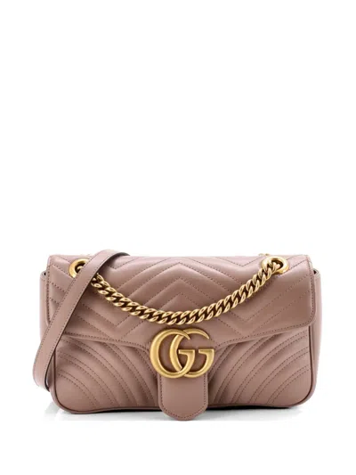 Pre-owned Gucci Gg Marmont Flap Bag Matelasse Leather Medium Shoulder Bag In Neutral