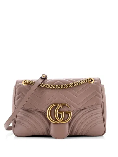 Pre-owned Gucci Gg Marmont Flap Bag Matelasse Leather Medium Shoulder Bag In Neutral
