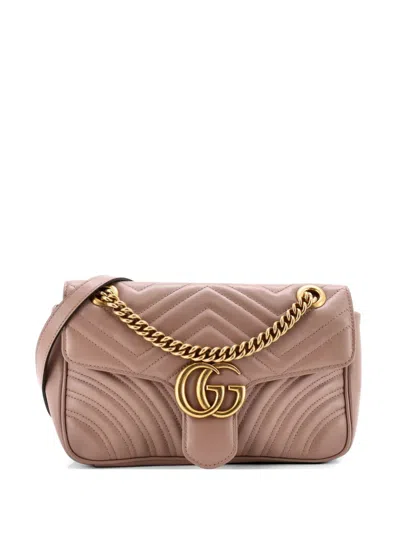 Pre-owned Gucci Gg Marmont Flap Bag Matelasse Leather Medium Shoulder Bag In Neutral
