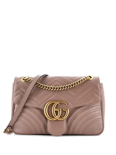 Pre-owned Gucci Gg Marmont Flap Bag Matelasse Leather Medium Shoulder Bag In Neutral
