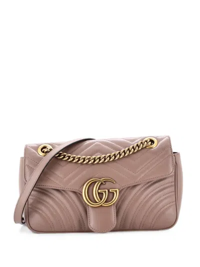 Pre-owned Gucci Gg Marmont Flap Bag Matelasse Leather Medium Shoulder Bag In Neutral