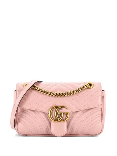 Pre-owned Gucci Gg Marmont Flap Bag Matelasse Leather Medium Shoulder Bag In Pink