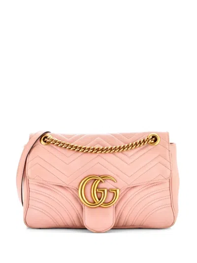 Pre-owned Gucci Gg Marmont Flap Bag Matelasse Leather Medium Shoulder Bag In Pink