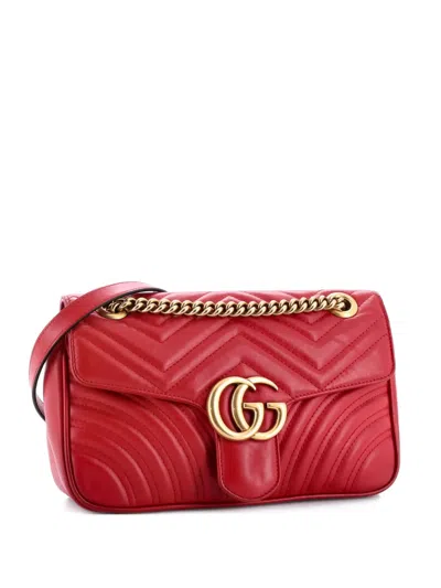 Pre-owned Gucci Gg Marmont Flap Bag Matelasse Leather Medium Shoulder Bag In Red