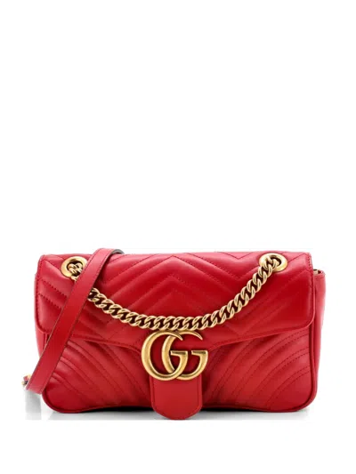 Pre-owned Gucci Gg Marmont Flap Bag Matelasse Leather Medium Shoulder Bag In Red
