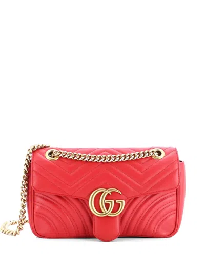 Pre-owned Gucci Gg Marmont Flap Bag Matelasse Leather Medium Shoulder Bag In Red