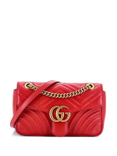 Pre-owned Gucci Gg Marmont Flap Bag Matelasse Leather Medium Shoulder Bag In Red
